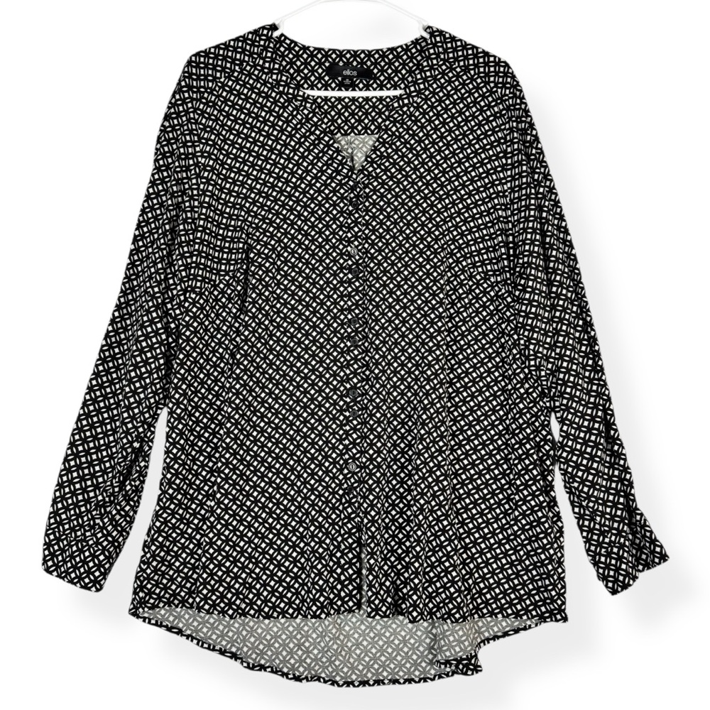 Ellos Button Down Blouse Womens 22 Black‎ White Geo Long Sleeves